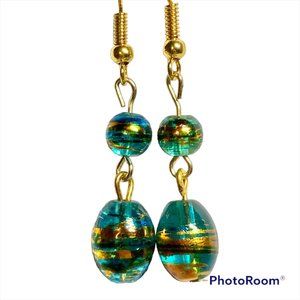 Aqua Blue Murano Art Glass Earrings Bead Hand Painted Round Oval Gold Plated